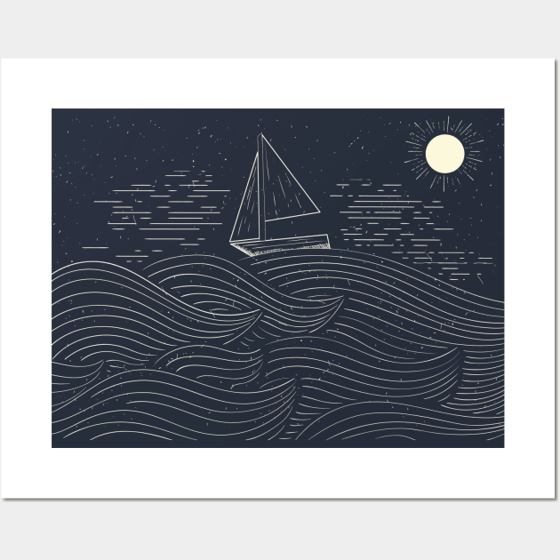 Sailboat In Waves On Ocean Line Art Wall Art by JakeRhodes